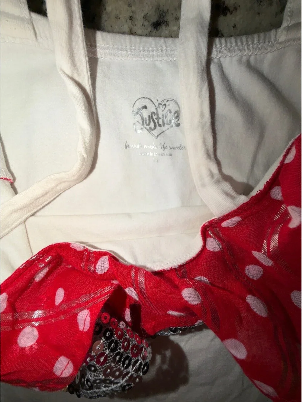 Girls Size 14 Justice Tank Top | White with Red & Silver Sequin Ruffle